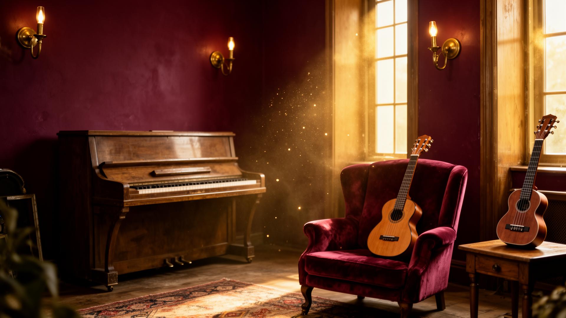 Warm music studio with piano, guitar, and ukulele